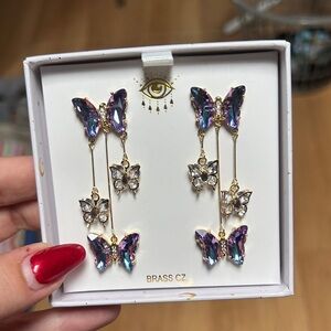 Elegant Butterfly Drop Earrings with Purple and Gold Accents